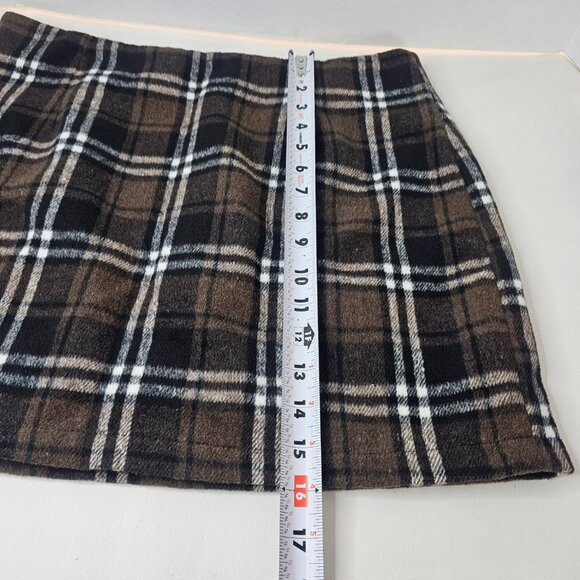 Women Plaid Mini Skirt Brown Black Wool Blend Autumn Size L Side Zip - Picture 11 of 11